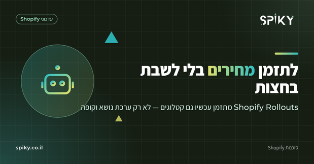 איור ממותג של ספייקי על תזמון קטלוגים ומחירים עם Rollouts בשופיפיי (אינו צילום מסך)
