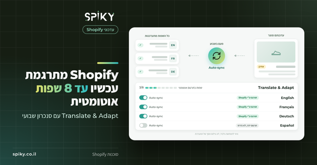 איור להמחשה של Spiky: תרגום אוטומטי ל-8 שפות עם Auto-sync ב-Translate & Adapt של Shopify